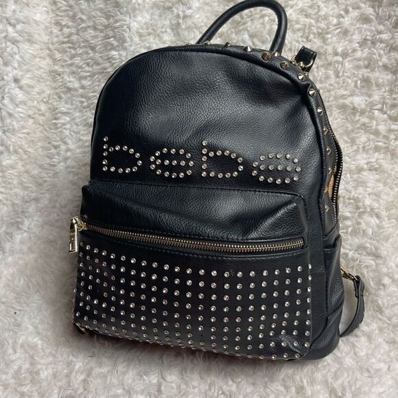 Bebe faux leather black mini backpack with rhinestones and gold studs accents - Picture 3 of 13